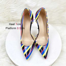 Dress Shoes Sexy Models Thin High Heels Shoe Colourful Striped Shallow Mouth Party Pumps 10CM Colour Matching Pointed Toe Women Footwear H2403256