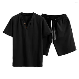 Men's Tracksuits Short-sleeve Jumper Set Casual Sportwear With V-neck T-shirt Elastic Drawstring Shorts Solid Color Outfit For Homewear