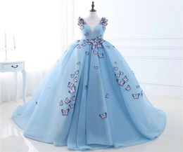 2019 Newest Light Blue Quinceanera Dresses Butterfly Appliques In Stock 100 Real Po Long Formal Prom Evening Dresses Vestido L8886266