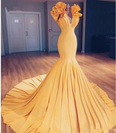 Yellow Mermaid Prom Dresses 2020 V Neck Ruffles Sweep Train Evening Dress South African Women Ruched Formal Party Cheap Gowns1839165