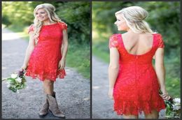 2019 New Red Full Lace Short Knee Length Bridesmaid Dresses Cheap Country Style Crew Neck Cap Sleeves Mini Backless Bridesmaids Dr9361899