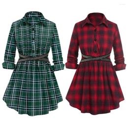 Women's Blouses Gothic Casual Dress Women Red Plaid Belted Roll Tab Sleeve Handkerchief Vestidos Autumn Long A-Line Party