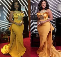 Elegant African Nigerian Mermaid Evening Dresses Fashion Gold Long Formal Plus Size Prom Dresses 2020 With Beaded Satin Train Cele6190181