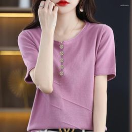 Women's T Shirts Summer Pure Cotton Short Sleeved T-shirt For Casual O-neck Pullover Loose Knit Solid Colour Large Top