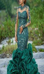 Long Sleeve Mermaid Africa Prom Dresses Dark Green Sequins Lace Ruffle Formal Evening Gowns Sheer Neck Zipper Back Cocktail Dresse5066786