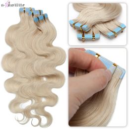 Extensions Snoilite Curly Natural Hair Extensions Human Hair 22inch Wavy 2.5g/pc Tape In Human Hair Extensions Skin Weft Adhesive Blonde