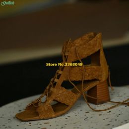 Sandals Retro Brown Lace Up Rome Sandals Block High Heel Open Toe Hollow Braid Strappy Fashion 2023 New Arrivals Summer Sandals