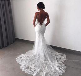 Sexy Lace Mermaid Wedding Dresses V Neck Spaghetti Straps Appliques Tulle Backless Bridal Dresses African Bridal Gowns Boho Weddin3457876