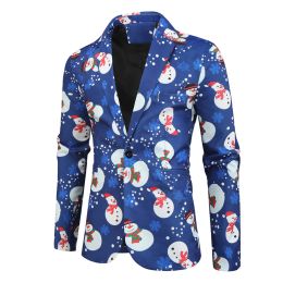 Men's Buttons Suit Fashion Coat Blazers Suit Fit Christmas Snowman Print Casual Blazer Party Jacket Slim
