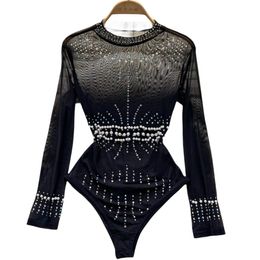 Fashion beaded diamond long sleeve mesh perspective sexy jumpsuit