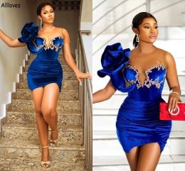 Dresses Velvet Royal Blue Women Cocktail Party Dresses For African Girls Sheer Neck Gorgeous Ruffles Lace Applique Sexy Mini Party Formal
