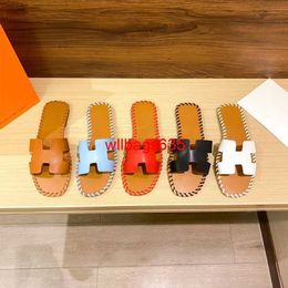 Leather Sandals Oran Womens Slippers HB Slippers for Women Summer Outwear 2024 New Internet Celebrity Woven Water Diamond Leisure Beach Flat Bo have logo E6DL