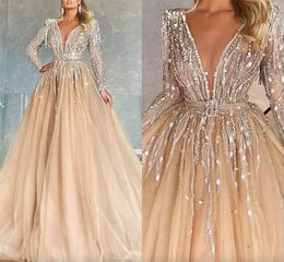 Champagne Evening Dresses Long Sleeves Beaded Sequins Plunging V Neck A Line Floor Length Plus Size Pleats Prom Gown Formal Custom vestidos