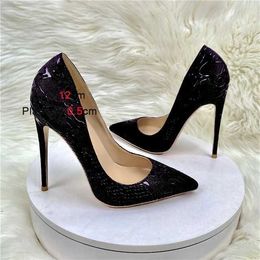 Dress Shoes Purple Snake Patterned Luxury High Heels 12CM Pointed Thin Heel Single Comfortable Soft Leather Shallow Mouth Women Pumps62B0 H240321