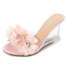 Dress Shoes Japanese Style Shallow Wedges Female Slipper Women 2023 High-heeled 8CM Transparent Crystal Summer Sandals H240325