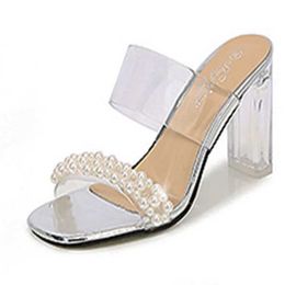 Dress Shoes 2022 New Pearl Women Slippers Transparent Double One Word Band Sexy 9CM Slides Square Toe Sandals Summer Chic Crystal Heel H240325