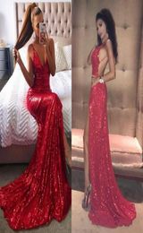 Sexy Criss Cross Backless Red Sequined Prom Dresses 2019 Mermaid Spaghetti Straps V Neck Long Split Celebrity Evening Gowns Cheap7778595