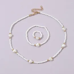 Necklace Earrings Set Children Sweet Jewelry White Beaded Ring Bracelet 3 Sets Fashion Pearl Heart Chain Choker For Girls Festival Gifts