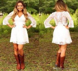 Vestidos White Short Lace Cowgirls Country Bridesmaid Wedding Dresses with 34 Long Sleeves Mini Bridal Gowns Reception Dress Cust3700089