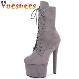 Dress Shoes New Grey White Peep toe 7 inches Super Stiletto Flock Lace Up Low Tube Ankle Boots 17CM Stripper Pole Dancing Sexy Fetish H240325