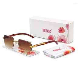 Sunglasses HBK Retro Imitation Wood Grain Mirror Leg Square Men's For Driving Rimless Female Summer By The Seaside
