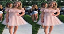 Pink Homecoming Dresses Off the Shoulder Lace Ruffles Tulle Short Mini Custom Made Cocktail Party Gowns Graduation Formal Wear8650821