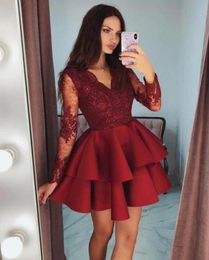 Tiered Ruffles Burgundy Satin Short Prom Dresses 2019 Modest Sheer Long Sleeves Formal Party Gowns Appliques Lace 8th Grade Homeco6171458
