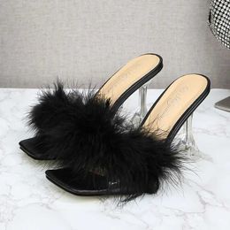 Dress Shoes Voesnees 2021 New Summer Sweet Women Slippers Transparent PVC Fur Crystal Sandals 9CM Party Fashion Cute Furry High-Heeled H240325