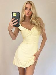 Casual Dresses 2024 Spring Summer Girls V-neck Sleeveless Ruffles Mini Dress Y2KK Streetwear Women Sexy Tunics Backless Yellow