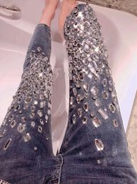 Women's Jeans Luxury Women Handmade Diamonds Beaded Denim Pencil Pants Sewing Crystal Trousers Shiny Skinny Stretch Rhinestones Pantalon