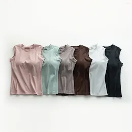 Camisoles & Tanks 6 Colours Cotton Camisole With Padded Bust Women Sleeveless Undershirt Summer Solid Colour Outerwear Simple Slim Fit T-shirt