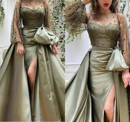 2020 Overskirt Prom Dresses with Pearls Sheer Long Sleeve Side Split Mermaid Evening Gowns with Detachable Train Vestidos Longo9483597