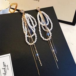 Dangle Earrings Korean Fashion Crystal Pearl Tassel Geometric Exaggerated Temperament Long Chain Pendant Ladies Party Jewelry