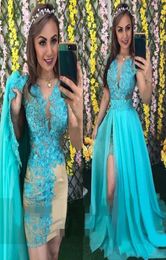 Gorgeous 2 Pieces Prom Dresses Lace Appliques beaded Evening Gowns With Detachable Long Overskirt Blue Robe De Soiree6582740