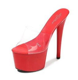 Dress Shoes Women Summer High Heels 17CM Thin Heel Waterproof Platform Sandals Red SlippersTransparent Crystal Wedding 42 H240321HHHE196X