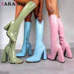 Slippers Brand Design Sexy Mid Calf Boots Women Metallic Chunky High Heels Long Boots Female Large Size 43 Slim Autumn Winter Shoes