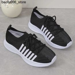 Casual Shoes 2024 Womens Solid Colour Striped Elastic Sneakers Casual Breathable Flat Shoes Womens Thick Sole Lace-up Walking Shoes 35-43 Q240320