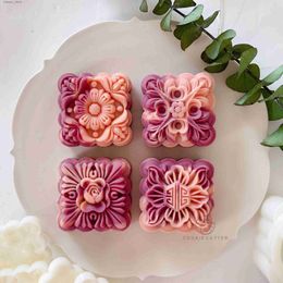 Baking Moulds 4Pcs/Set 75g Square Shape Mooncake Moulds Chinese Style Blossom Flower Pattern Cookie Stamp DIY Festival Mung Bean Cake Tools L240319