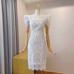 White Lace Dress 2021 Summer New Womens French Style Puff Sleeve Square Collar Midi Elegant Fashion Short Sleeved