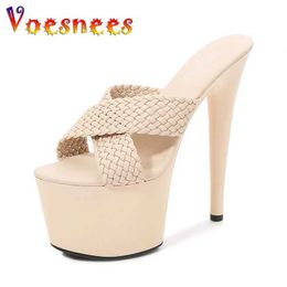 Dress Shoes 16.5CM Super High Heels Women New Gladiator Thick Platform Sandals Fashion Nightclub Female Summer Weave Slides Slippers H240325