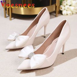 Dress Shoes Womens New Pointy Toe Stiletto Heels 9CM Shallow Mouth Patent Leather Party Single Rhinestone Bowknot Wedding Bride Pumps H240325