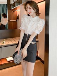 Work Dresses Hollow Out Embroidery Lapel Hubble-bubble Sleeve Nail Bead Summer Solid Colour Shirt