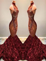 2019 Burgundy Lace Mermaid Long Prom Dresses Illusion Applique Beaded 3D Flowers Halter Sweep Train Evening Gowns Vestidos De Fest2791275