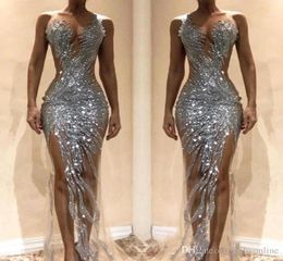 gorgeous silver mermaid evening dresses sexy see through tulle bodice split long women occasion prom gowns bc06219806236