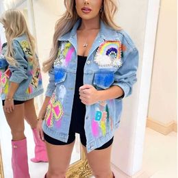 Oversize Women High Street Fashion Design rainbow Colour sequins graffiti jean jacket denim outfit shacket