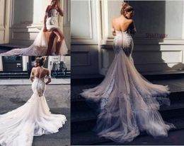 Pallas Couture Mermaid Split Wedding Dresses 2020 New Champagne Church Train Offshoulder Elegant Country Garden Berta Wedding Gow1460288