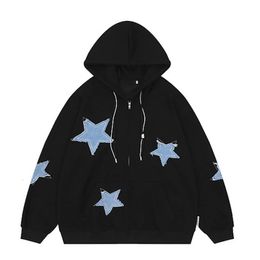 BIG PROMOTION Y2K European and American Autumn Winter Mens Vintage Star Patch Hooded Sweater Loose Casual Cardigan Coat 240307