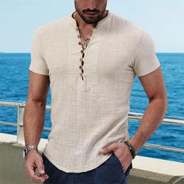 Men's Casual Shirts Cotton Short Sleeve Tshirt V Neck Button Linen Shirt Clothes Tops For Men