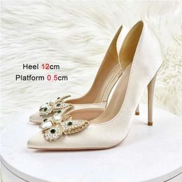 Dress Shoes High-quality Silk High Heels 12CM Rhinestone Butterfly Shiny Wedding White Pearl Women Pointed Toe Pumps Side Empty H240321IHT5