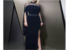 2019 Formal High Neck Navy Blue Evening Dresses kaftan dubai Beaded Long sleeve Party gowns Modest robe de soiree Split Prom Dress1191883